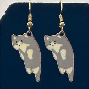 Handmade Gray White & Gold Cat Earrings Brand New